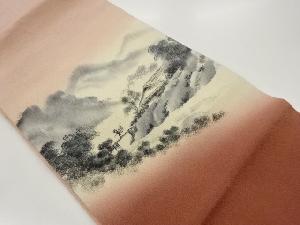 作家物 縮緬地手描き屋敷に人物・遠山模様名古屋帯
